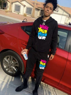 Casual Hooded Black Two Pieces Outfits For Unisex