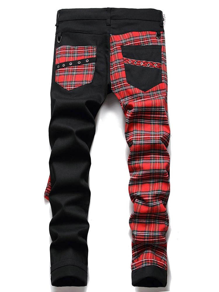 Plaid Contrast Color Patchwork Men Jeans Pant 4 Plaid Contrast Color Patchwork Men Jeans Pant - Image 2