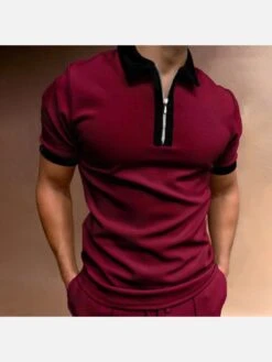 Contrast Color Zipper Up Mens Polo Shirts