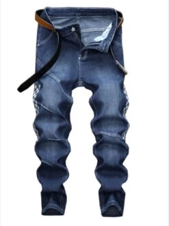 Personality Mid Waist Plaid Patch Denim Pants