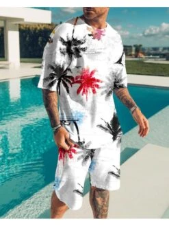 White Printed Top Shorts 2 Piece Outfits Mens