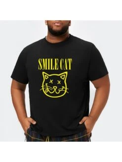 Cotton Letter Cat Printed Crew Neck Short Sleeve Tee For Men