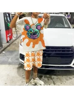 Summer Graffiti Printing Top And Shorts Men's Suit