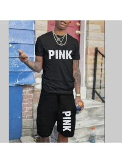 Black Casual Letter Printed 2 Piece Short Suits For Men