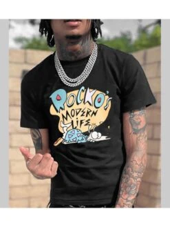 Cute Cartoon Graphic Black Short Sleeve Men Tees