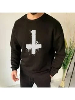 Black Printed Long Sleeve Men Sweatshirt Tops
