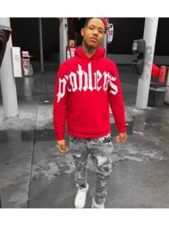 Red Letter Printed Pockets Hooded Tops For Men