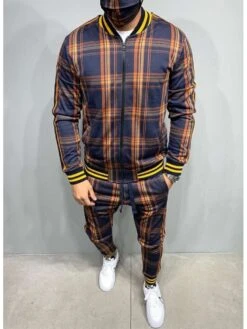 Sports Plaid Matching Long Tracksuit Sets