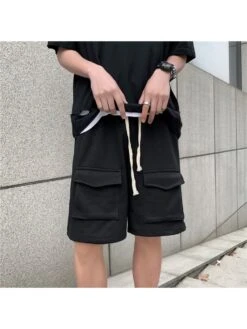 Men Casual Solid Wide Leg Drawstring Knee Length Pants 5 Men Casual Solid Wide Leg Drawstring Knee Length Pants -FlexTrend Store P 20230216154218812 279