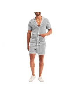 Button Up Hollow Out Men Outfit Short Sets