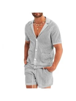 Button Up Hollow Out Men Outfit Short Sets -FlexTrend Store P 20230228140236647 477