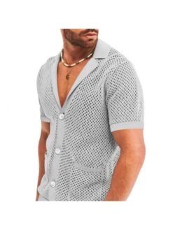 Button Up Hollow Out Men Outfit Short Sets -FlexTrend Store P 20230228140238719 595