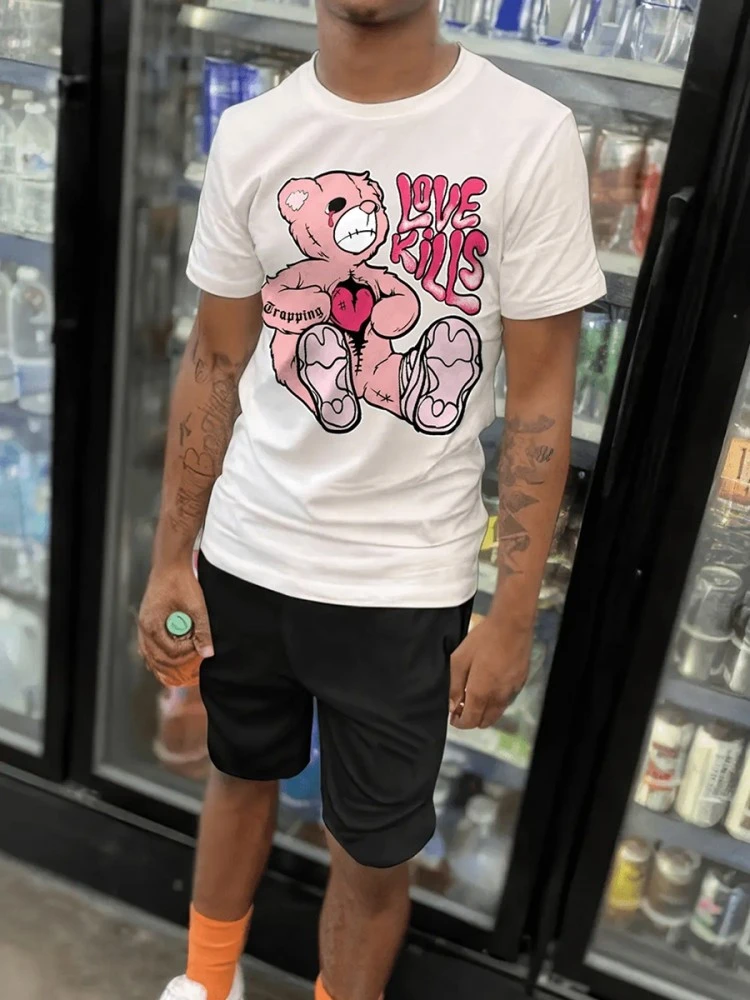 Men Cartoon Letter Tee 2pc Shorts Sets 3 Men Cartoon Letter Tee 2pc Shorts Sets