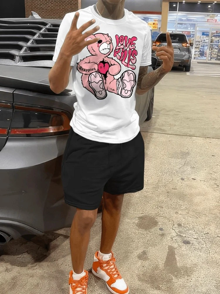 Men Cartoon Letter Tee 2pc Shorts Sets 4 Men Cartoon Letter Tee 2pc Shorts Sets - Image 2