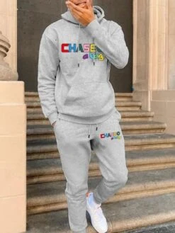 Men Fall Letter Hooded Top 2pc Pants Sets