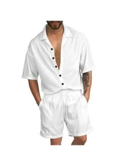 FlexTrend Store 16 Drawstring Short Sleeve Single Breasted Men's Short Suit