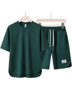 Drawstring Asymmetrical Hem Crewneck Short Sets