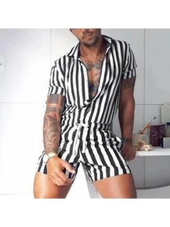 Drawstring Striped Leisure Short Sets