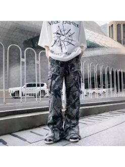 Colorblock Geometric Pattern Mid-rise Jeans -FlexTrend Store P 20240604122030614 317