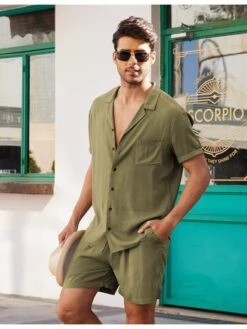 Drawstring Solid Color Leisure Linen Short Sets -FlexTrend Store P 20240605153624258 356