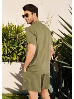 Drawstring Solid Color Leisure Linen Short Sets -FlexTrend Store P 20240605153624893 412