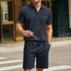 Drawstring Short Sleeve Fitted Short Sets