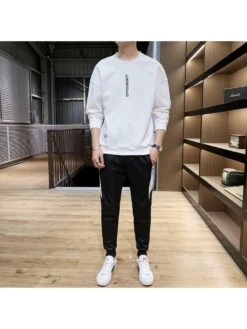 Colorblock Letter Pattern Crewneck Long Sets