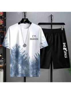 Gradient Color Letter Sporty Short Sets