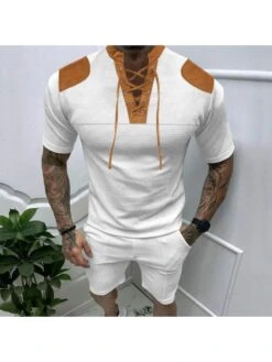 Colorblock Tie-wrap V Neck Men's Short Sets