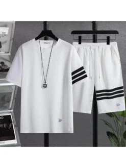 Striped Crewneck Fitted Waffle Short Sets