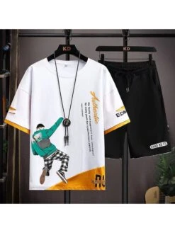 Cartoon Pattern Colorblock Leisure Short Sets