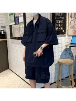 Plain Color Raglan Sleeve Cargo Short Sets