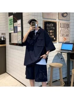 Plain Color Raglan Sleeve Cargo Short Sets -FlexTrend Store P 20240619180825537 612