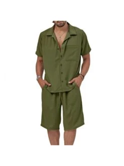 Solid Color Regular Sleeve Baggy Shirt & Shorts Set