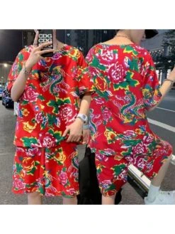 Floral Bateau Neckline Loose Short Sets -FlexTrend Store P 20240621165232380 769