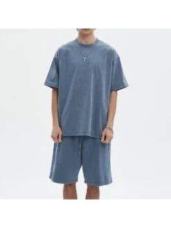 Solid Color Crewneck Raglan Couple Short Sets