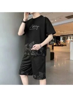 Letter Pattern Crewneck Fitted Thin Short Sets