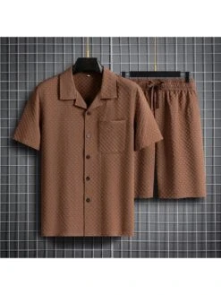 Rhombic Pattern Regular Sleeve Shirt Short Sets